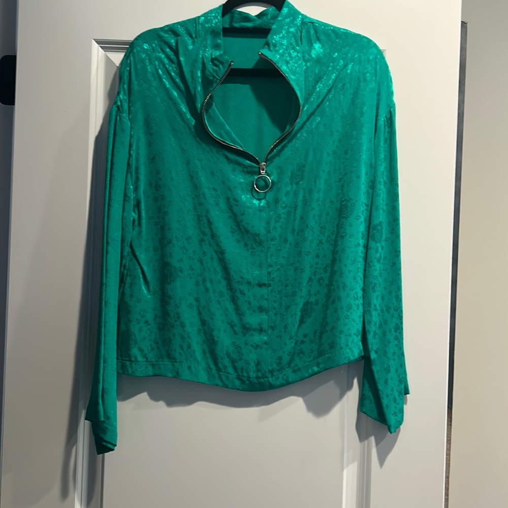 TOPSHOP emerald green floral printed  long sleeve blouse